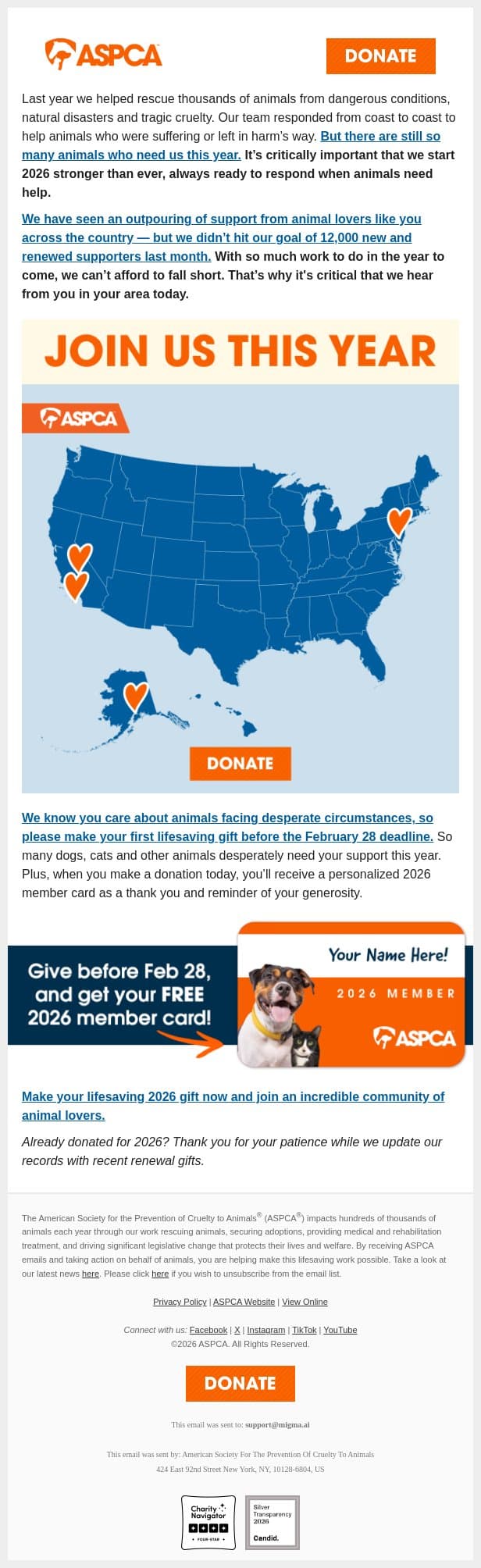 adam, update your 2026 status today! email from ASPCA screenshot