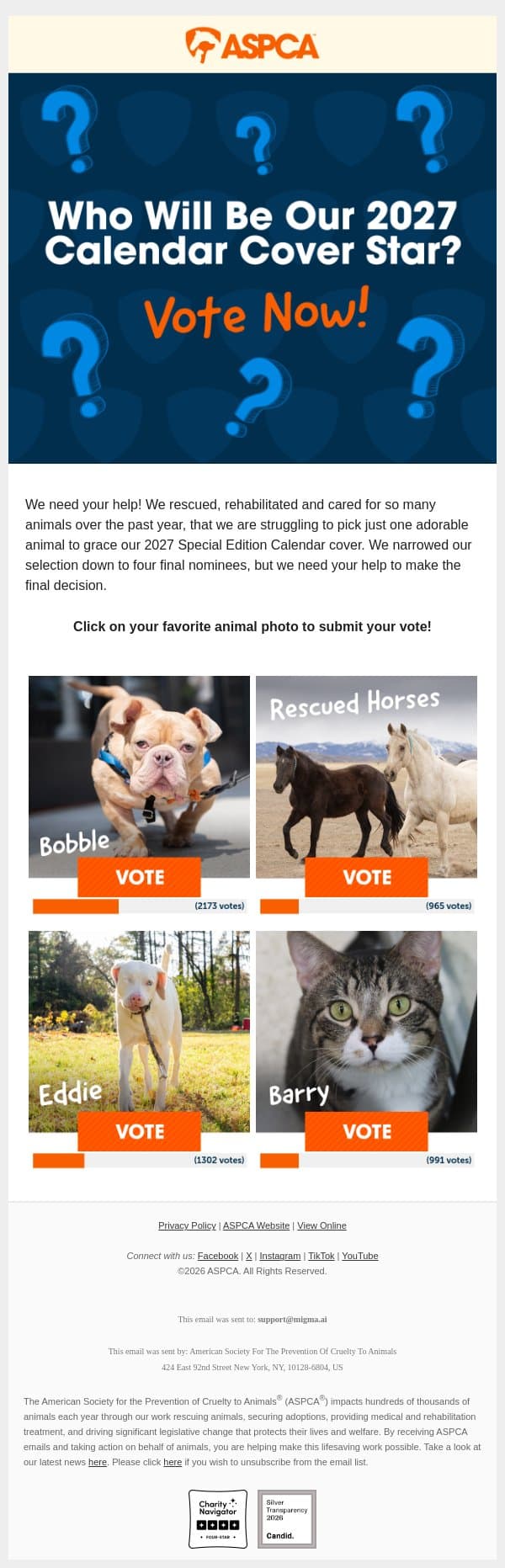 Pick Our 2027 Calendar Cover Star! (VOTE) email from ASPCA screenshot
