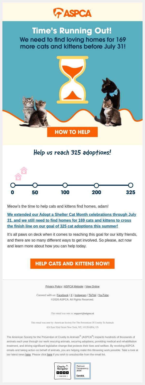 DEADLINE THIS MONTH [Take Action Today] email from ASPCA screenshot