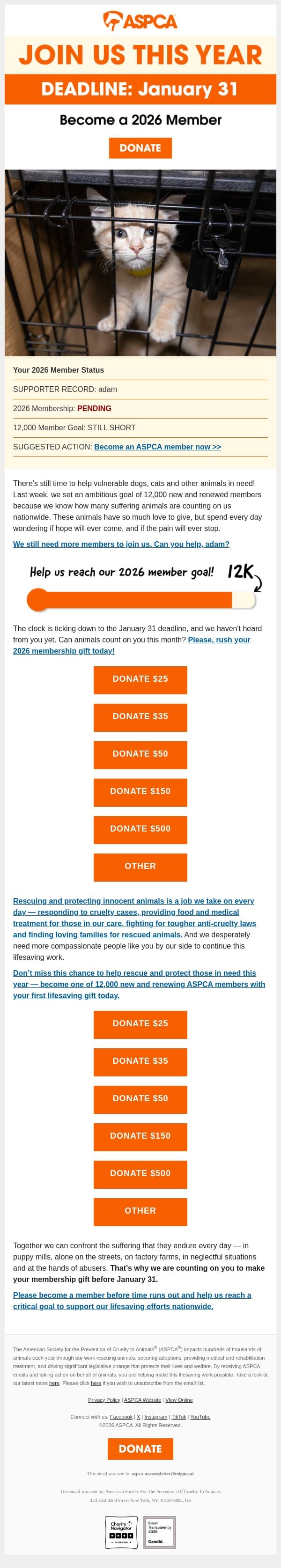 Deadline Upcoming: Update Your 2026 Membership! email from ASPCA screenshot