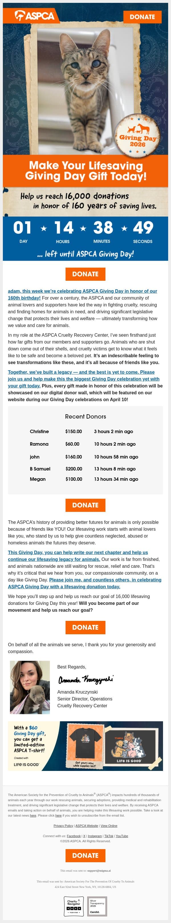 adam, it's almost time to celebrate Giving Day email from ASPCA screenshot