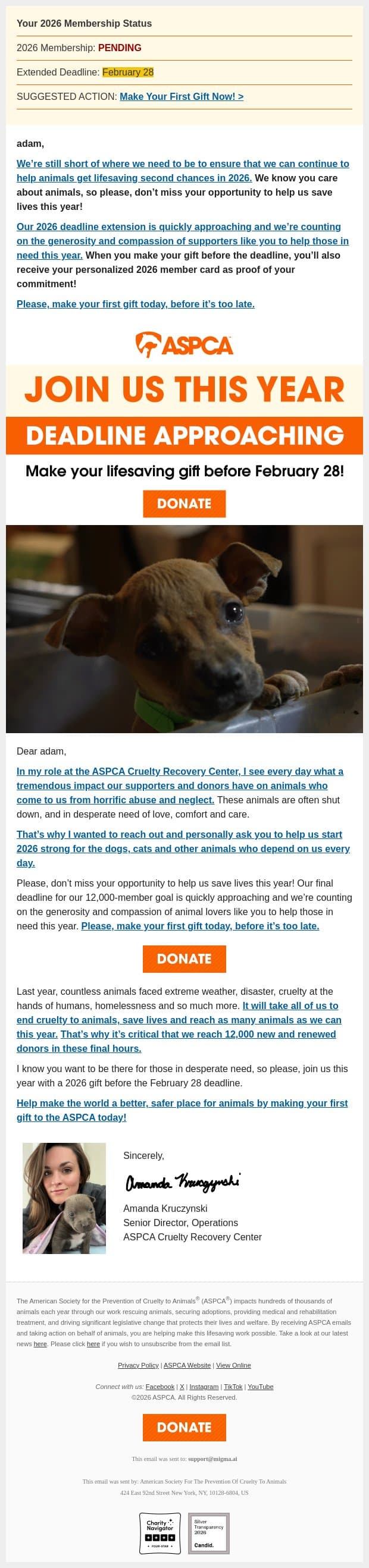 adam, reaching out one more time email from ASPCA screenshot