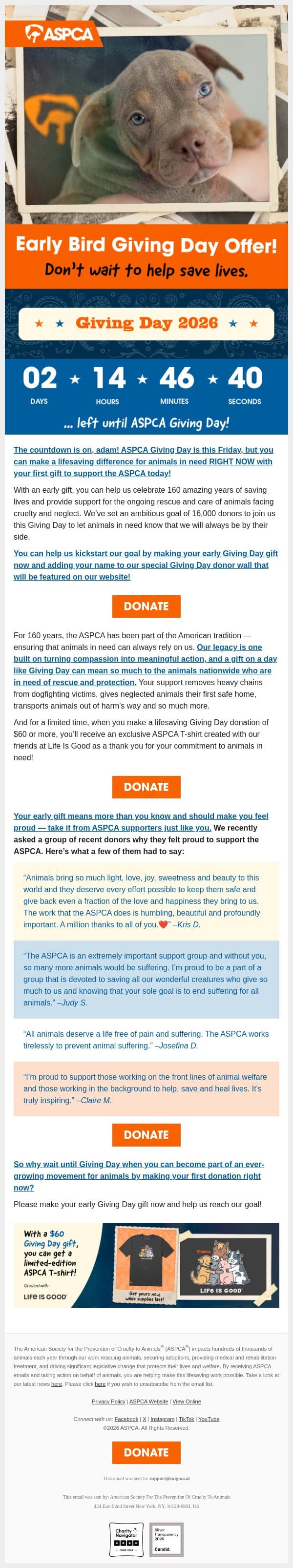 Early Bird Offer: Don’t Miss Giving Day! email from ASPCA screenshot