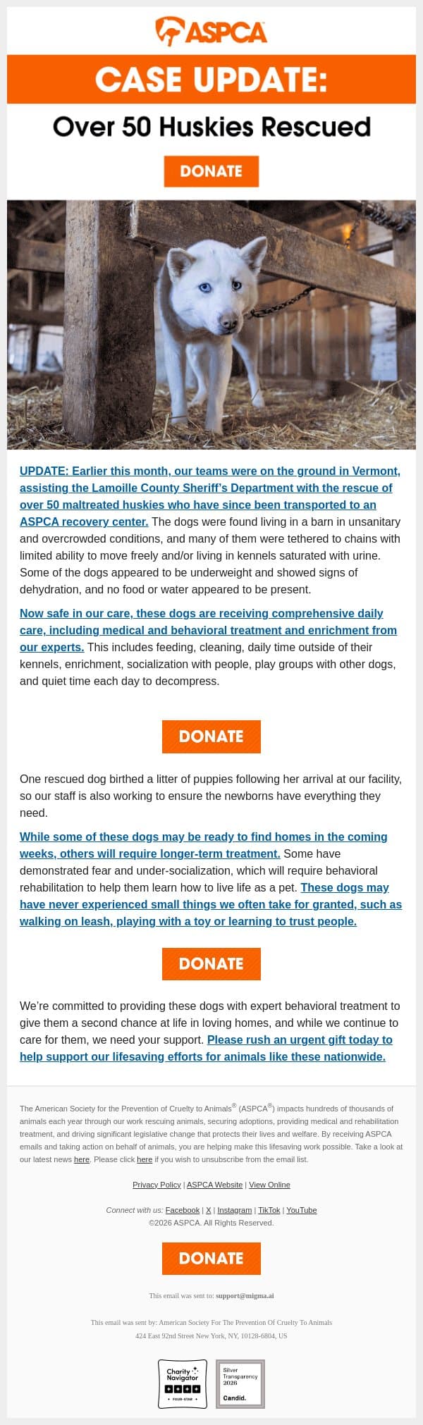 [Case Update]: Over 50 Huskies Settle In email from ASPCA screenshot