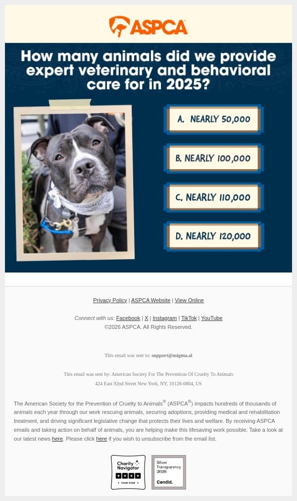 One Question Quiz [ASPCA Trivia] email from ASPCA screenshot