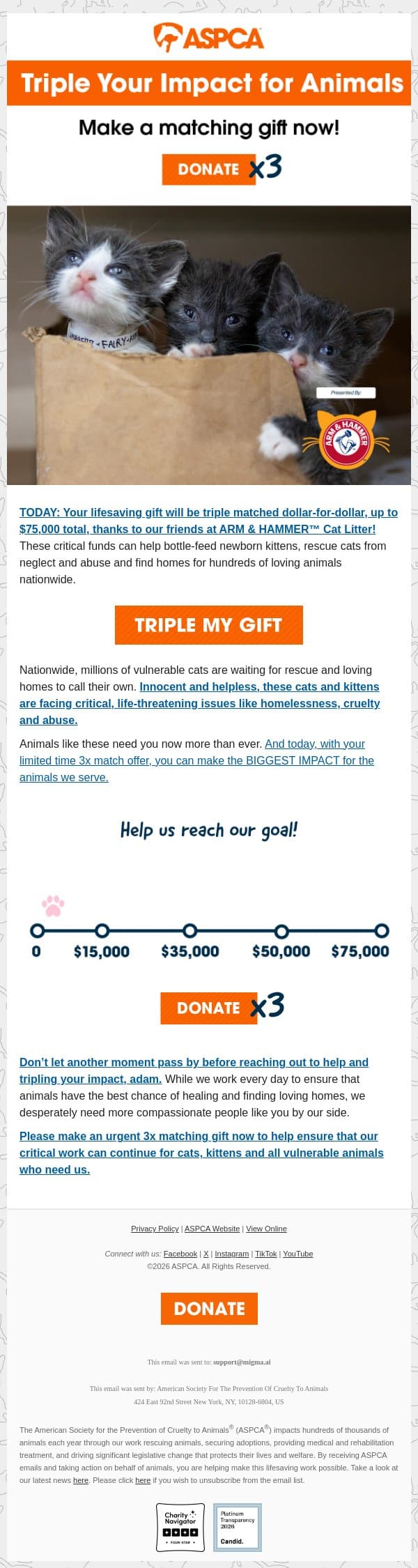 3x Matching Gift (Happening Today!) email from ASPCA screenshot