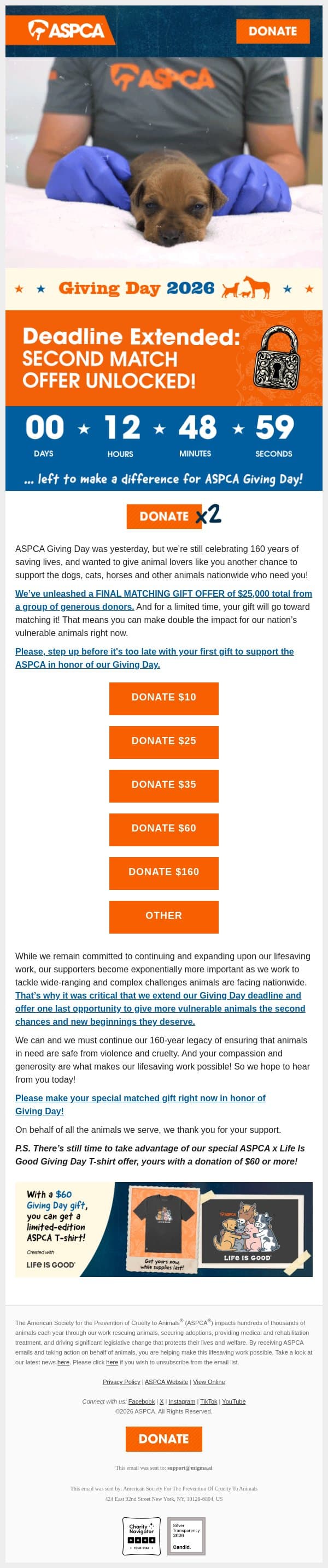 NEW: Final Match Offer for Giving Day email from ASPCA screenshot