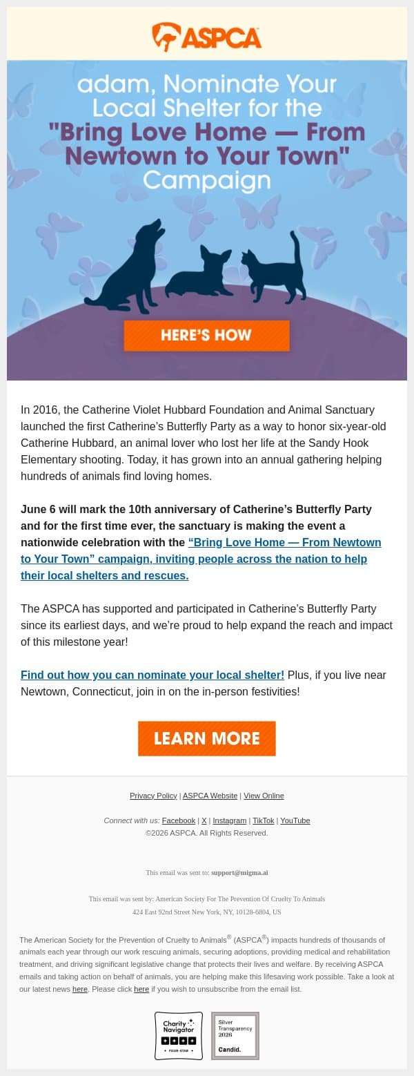 [For Animal Lovers] Help Your Local Shelter! email from ASPCA screenshot