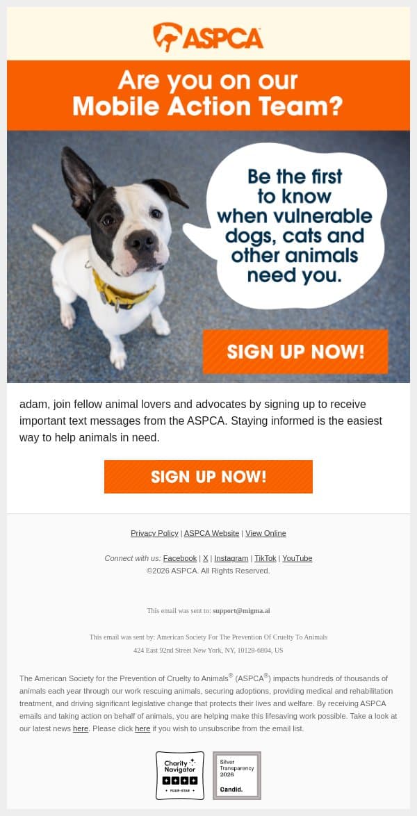 adam, Have You Signed Up Yet? email from ASPCA screenshot