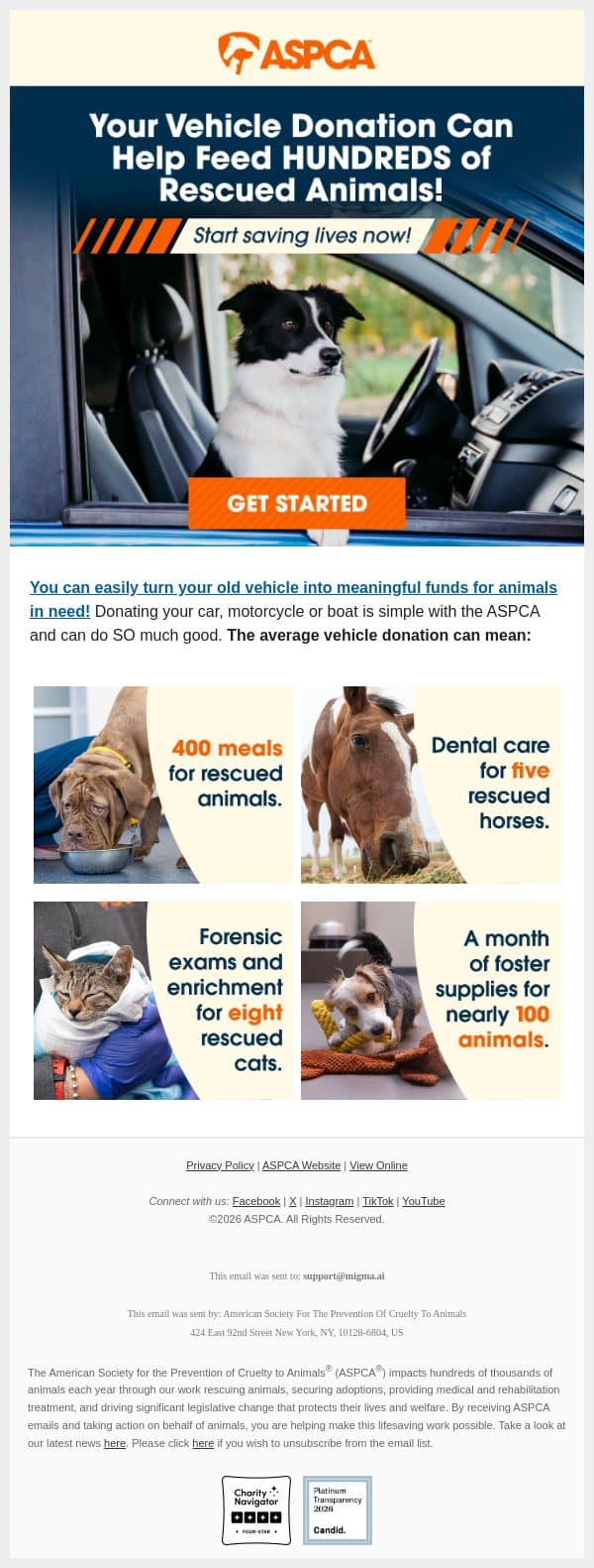 One Vehicle = HUNDREDS Helped [See More] email from ASPCA screenshot