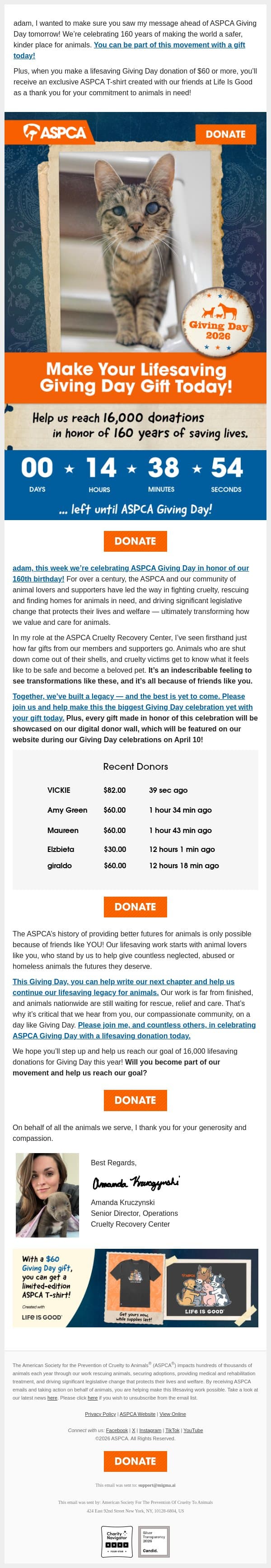 Giving Day Is Almost Here! [Get Involved Today] email from ASPCA screenshot