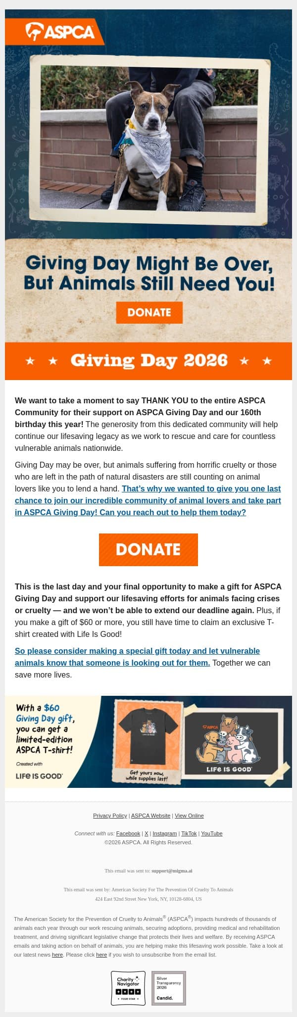[Gift Pending] Your Giving Day Gift Status email from ASPCA screenshot