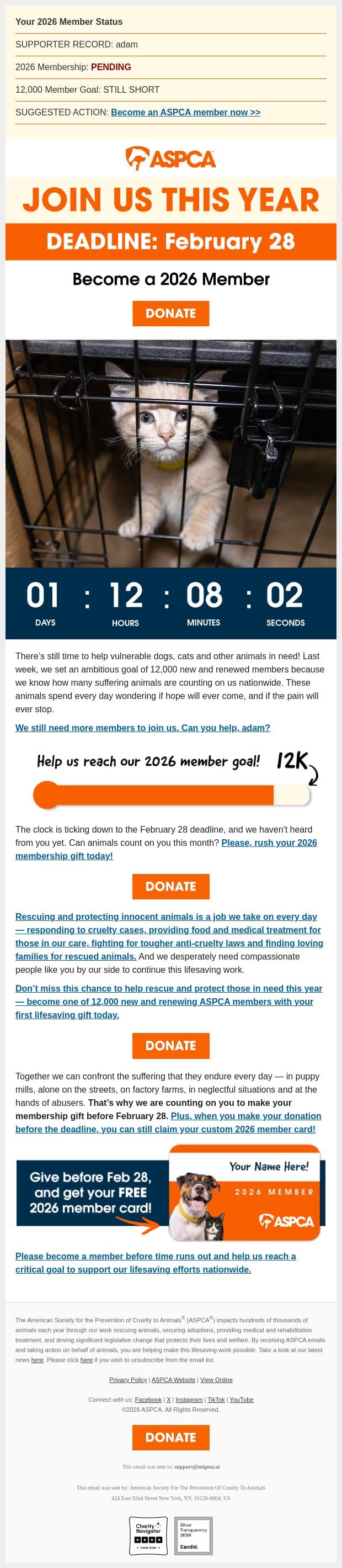 February 28 Deadline [Response Needed] email from ASPCA screenshot