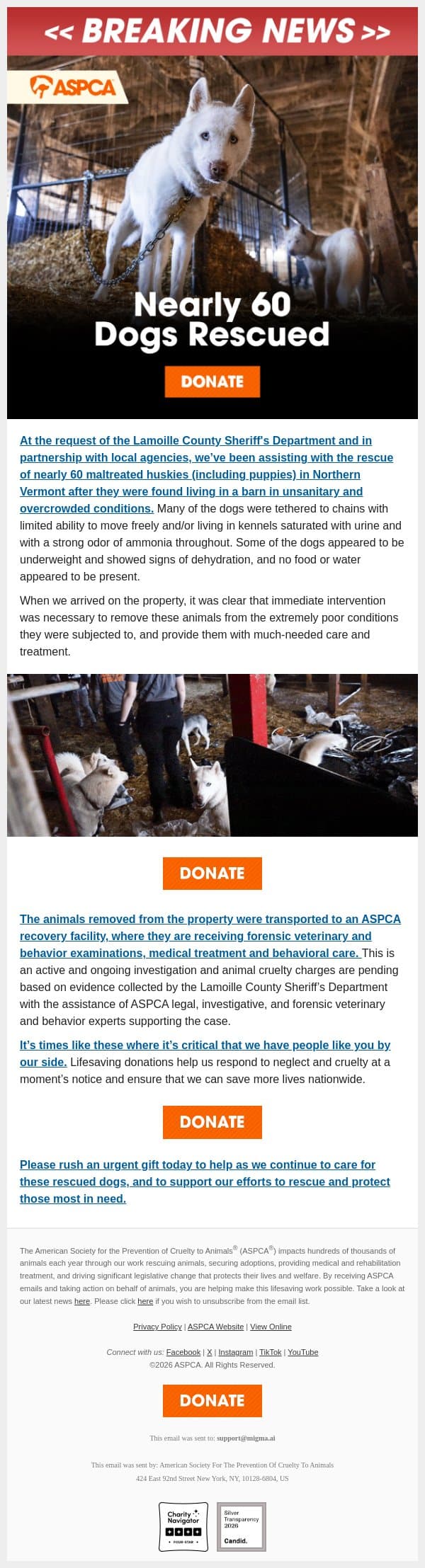 BREAKING: Nearly 60 Huskies Rescued email from ASPCA screenshot