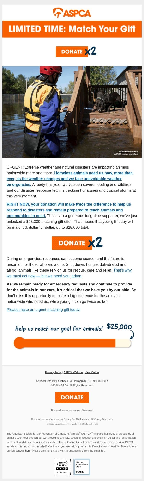 Your gift x2! Don’t miss out, adam! email from ASPCA screenshot