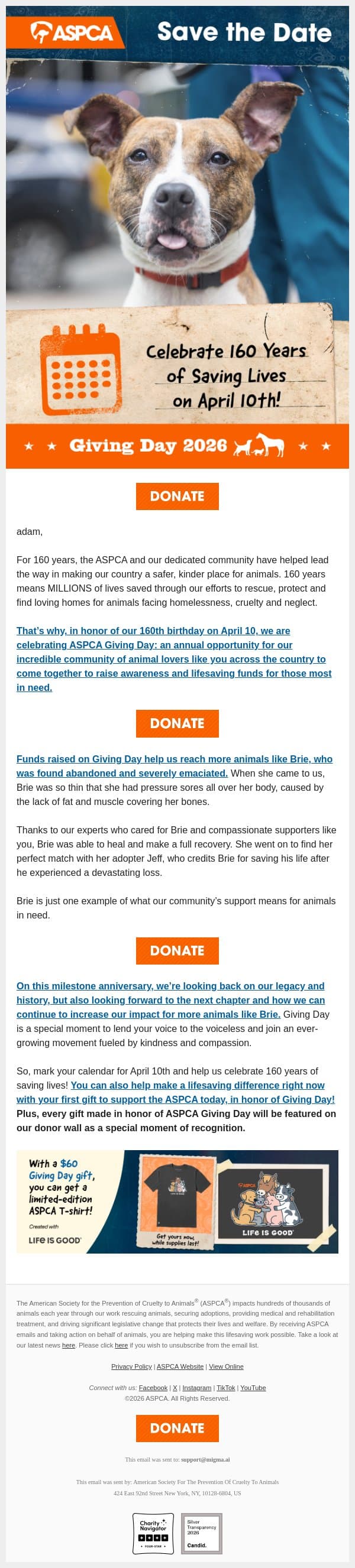 Save the Date: Giving Day 2026! email from ASPCA screenshot