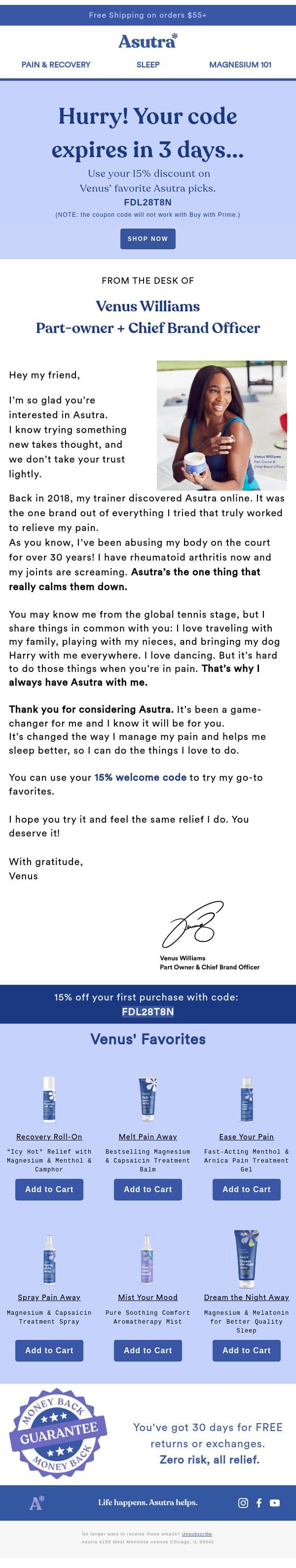 From the desk of Venus Williams email from Asutra screenshot