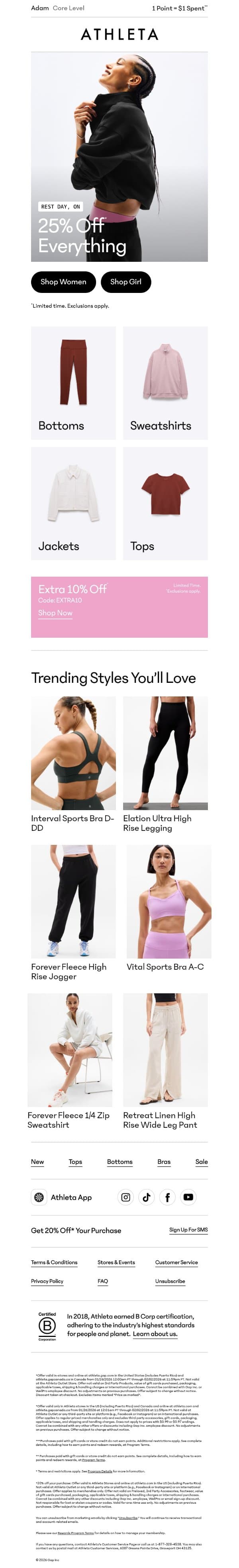 Now Live: 25% off everything ✨ email from Athleta screenshot