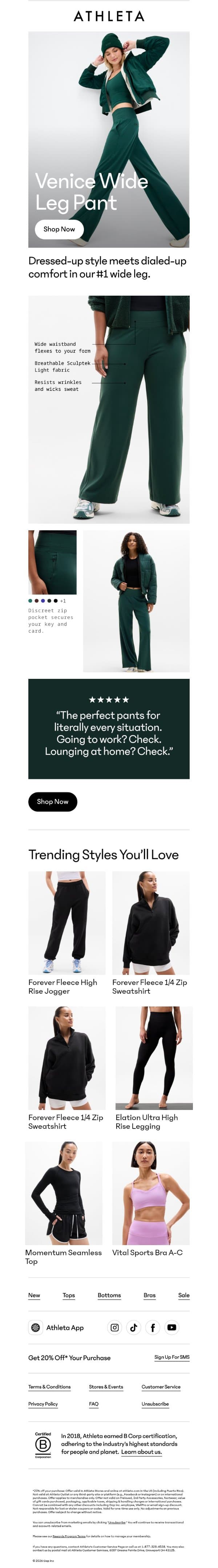 This wide leg is a winner email from Athleta screenshot