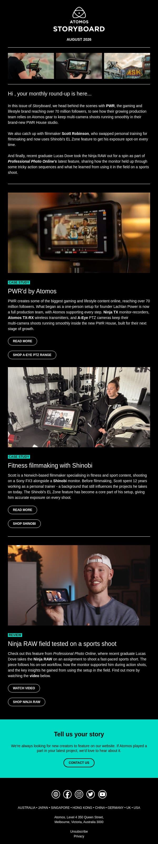 August Storyboard: Inside PWR’s studio, EL Zone with Scott Robinson + Ninja RAW in action email from Atomos screenshot