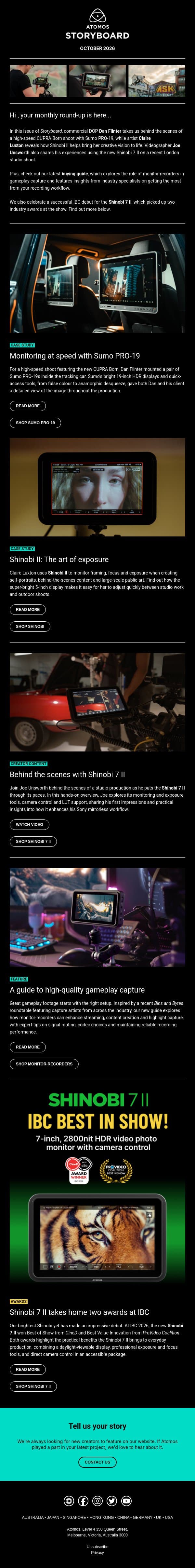 October Storyboard: On set with Sumo PRO-19 and Shinobi 7 II email from Atomos screenshot