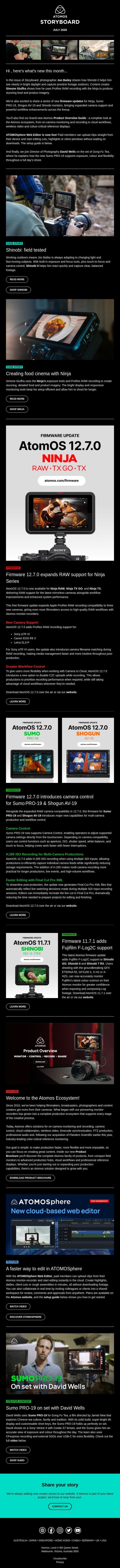 July Storyboard: Creators with Shinobi II, Ninja, Sumo PRO‑19 + ATOMOSphere Web Editor email from Atomos screenshot