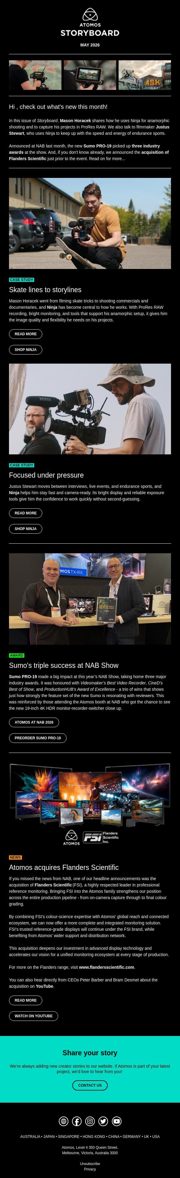 May Storyboard: Ninja in action and Sumo PRO‑19’s triple win at NAB email from Atomos screenshot