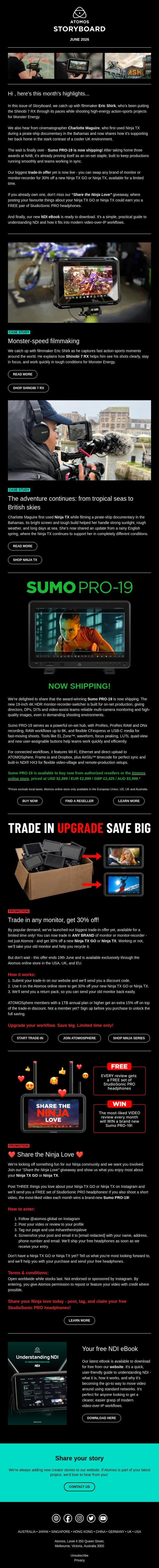June Storyboard: New creator stories, trade-in offer & Sumo PRO-19 shipping email from Atomos screenshot