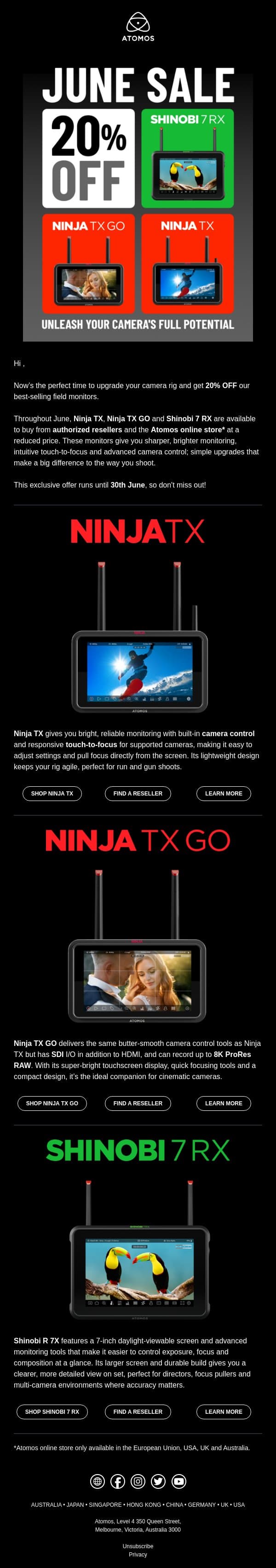 June Sale: Get 20% Off Ninja TX GO, Ninja TX & Shinobi 7 RX email from Atomos screenshot