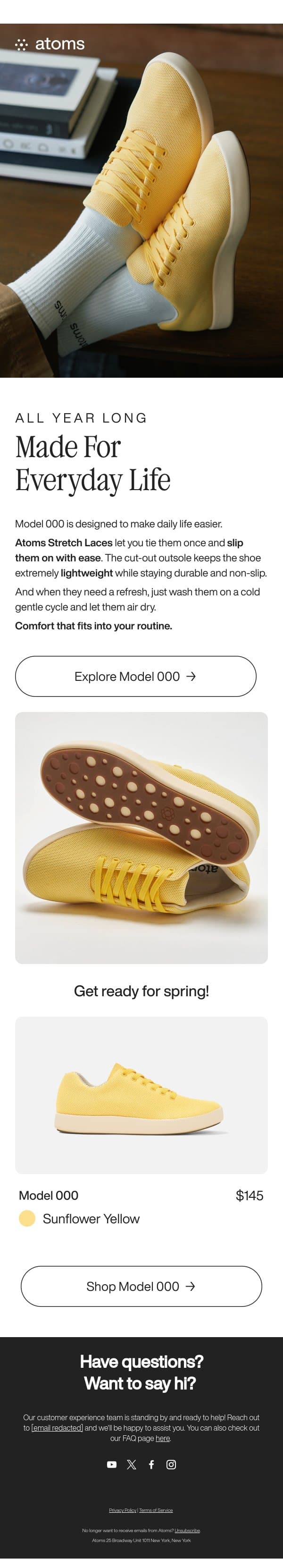 Light on your feet. Easy to live in. email from Atoms screenshot