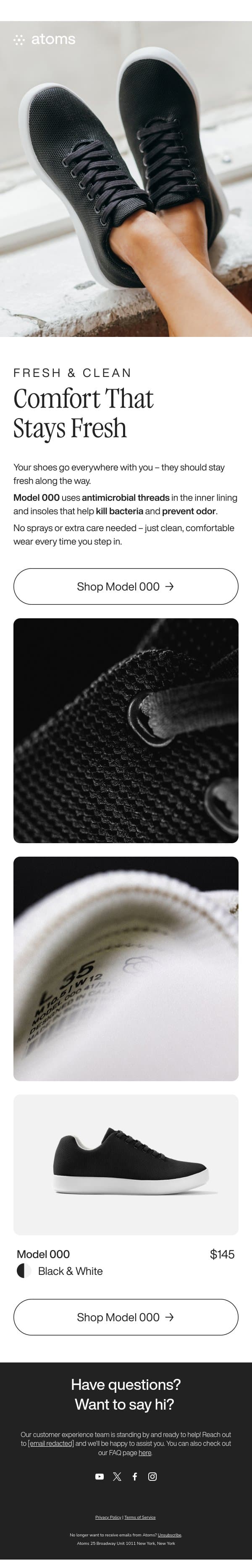 Shoes that stay fresh for longer email from Atoms screenshot