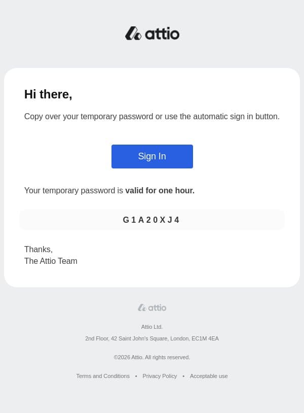 🔐 Your Attio Temporary Password email from Attio screenshot
