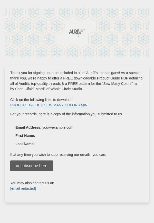 Quilters: Welcome to the family! email from Aurifil screenshot