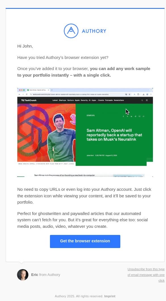 adding a work sample with just one click? email from Authory screenshot