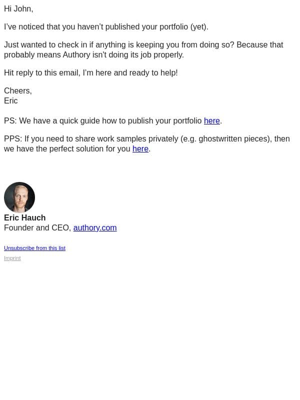 is your portfolio offline on purpose, John? email from Authory screenshot