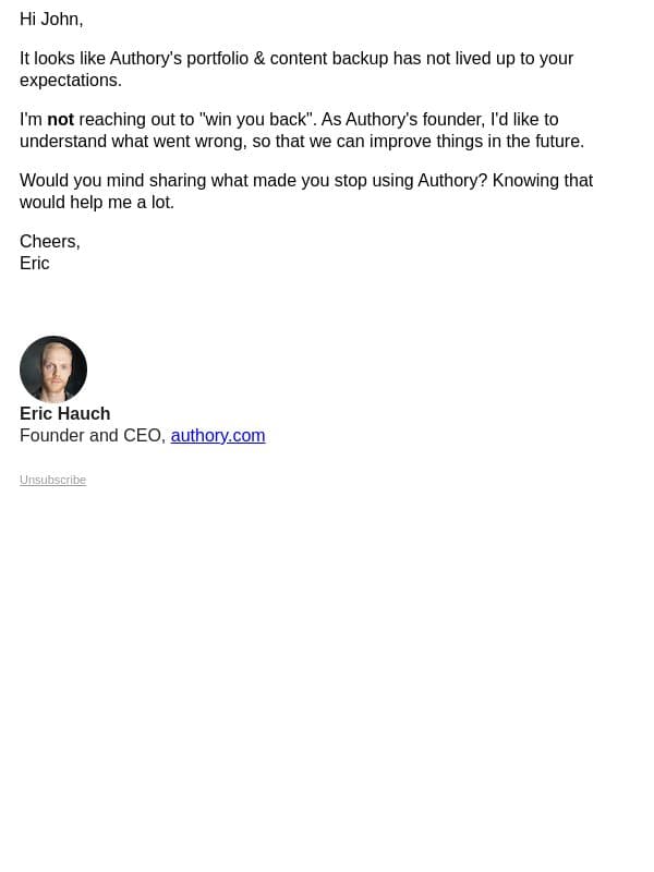 a single question only email from Authory screenshot