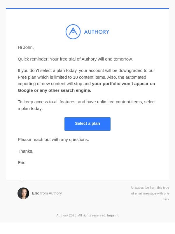 trial ending tomorrow – secure your portfolio today email from Authory screenshot
