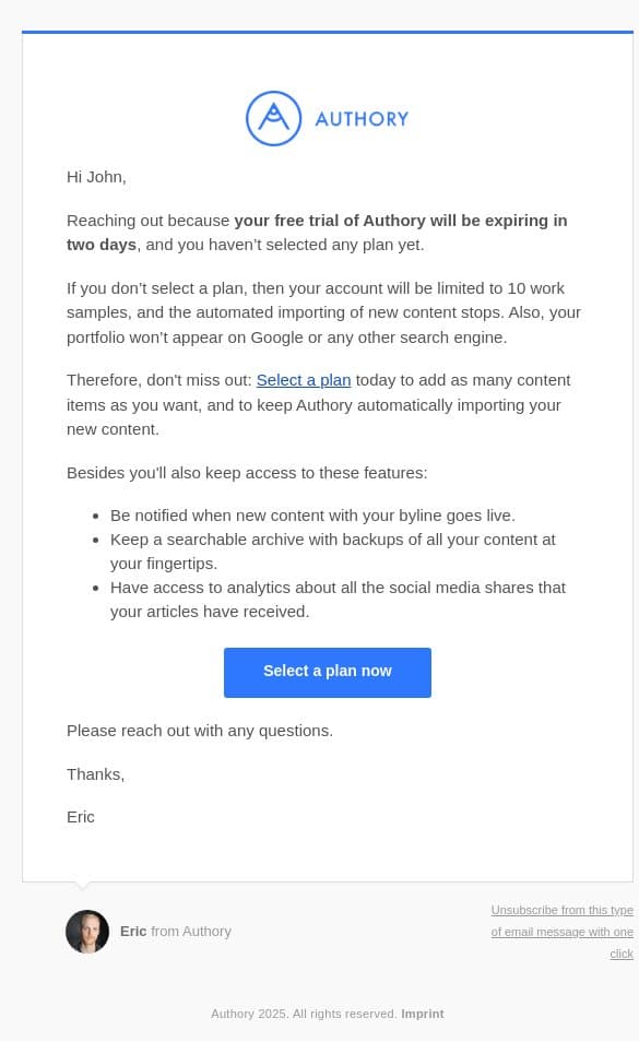 Only 2 days left: Your Authory trial ends soon email from Authory screenshot