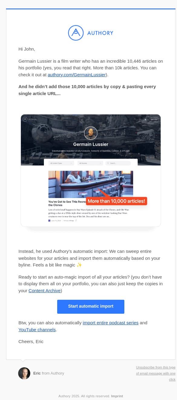 import your articles without having to lift a finger email from Authory screenshot