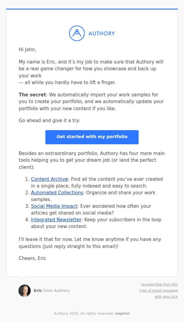 here is what we’ll do for you, John email from Authory screenshot