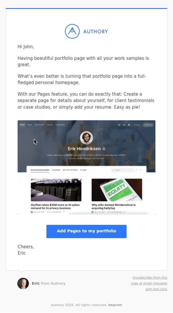 transform your portfolio into a personal homepage email from Authory screenshot