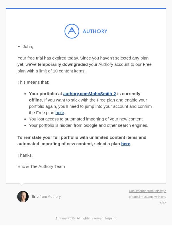 [Action required] Your portfolio has been disabled email from Authory screenshot
