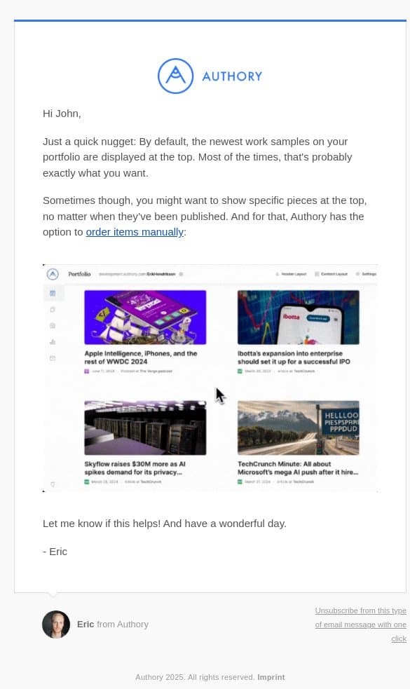 how to drag and drop work samples on your portfolio email from Authory screenshot