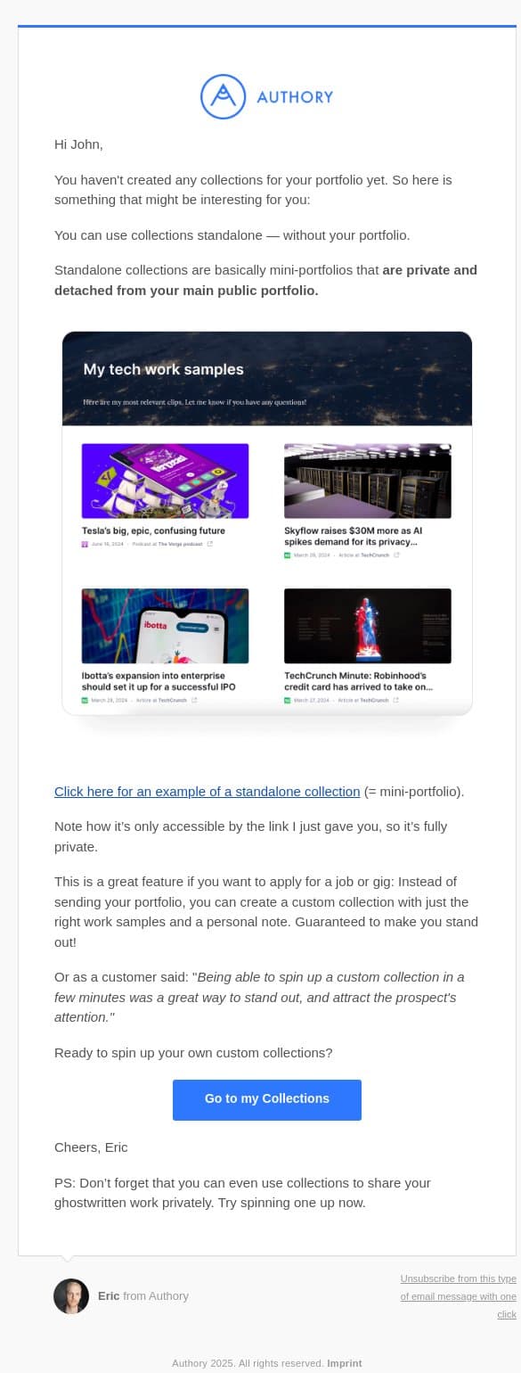 want to impress clients? Send a private mini-portfolio email from Authory screenshot
