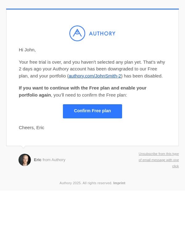 your portfolio is offline — select a (free) plan to re-enable it email from Authory screenshot