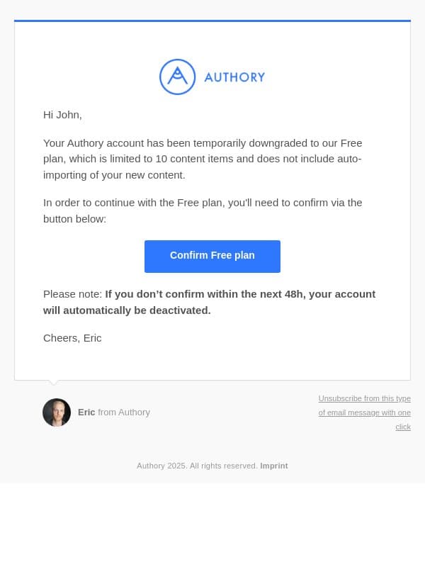 48 hours left: Your Authory account will be cancelled email from Authory screenshot