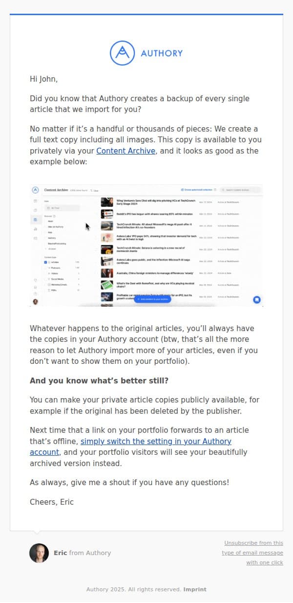 your backup of every article you’ve ever written email from Authory screenshot