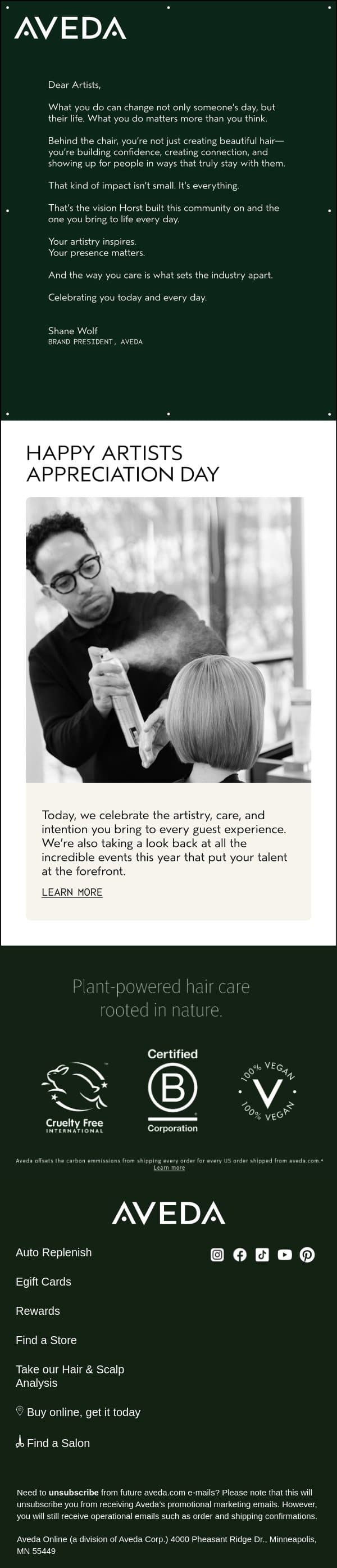 A moment of gratitude for our artists email from Aveda screenshot