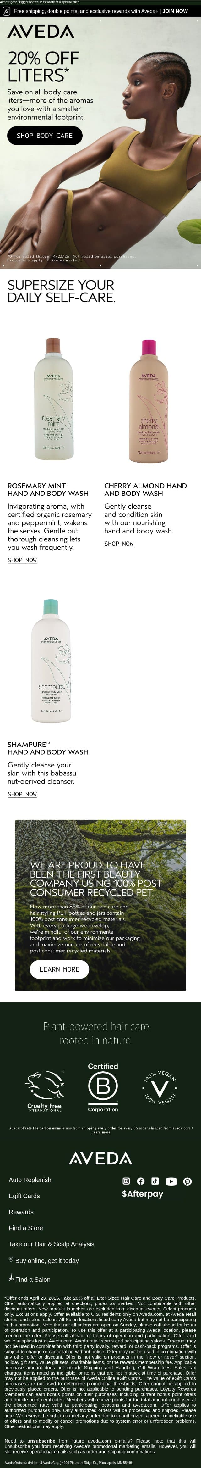 Take 20% off liters now before the sale ends email from Aveda screenshot