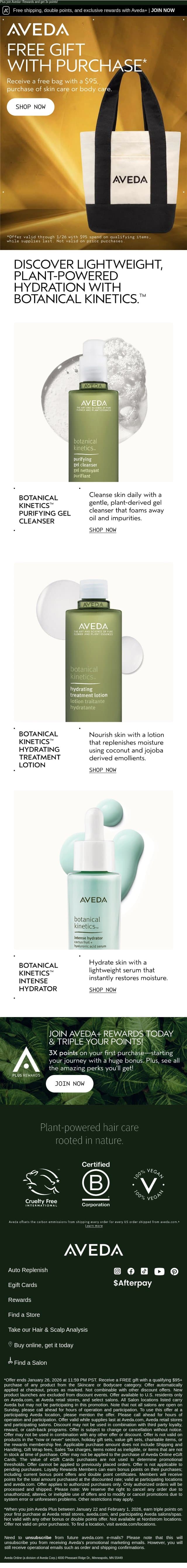 Ends soon: free bag with $95 purchase! email from Aveda screenshot